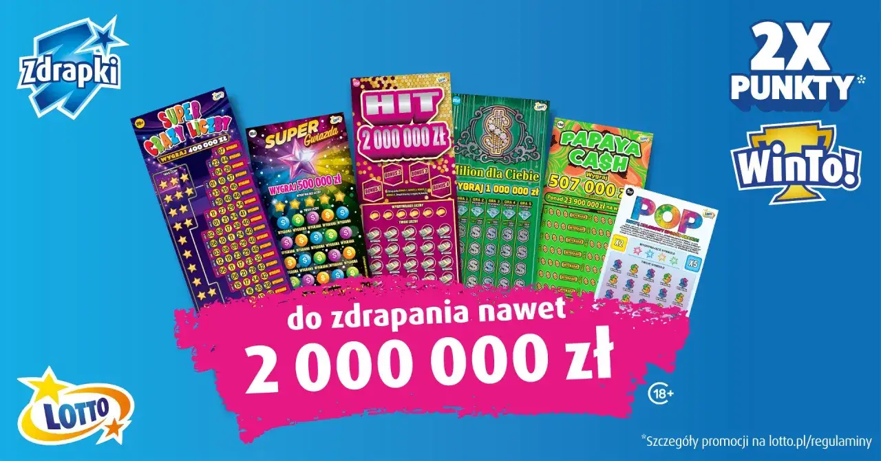 Kolekcja nowych zdrapek Lotto: Super Crazy Liczby, Super Gwiazda, Hit, Szlifon dla Ciebie, Papaya Cash i POP. Możliwość wygrania nawet 2 000 000 zł.