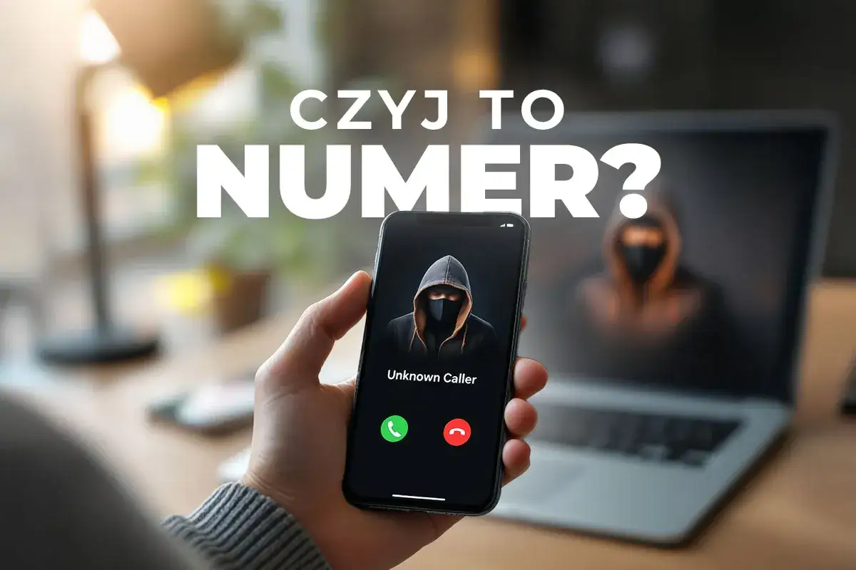 Dłoń trzyma smartfon z ekranem pokazującym nieznanego dzwoniącego. W tle laptop z podobną postacią.