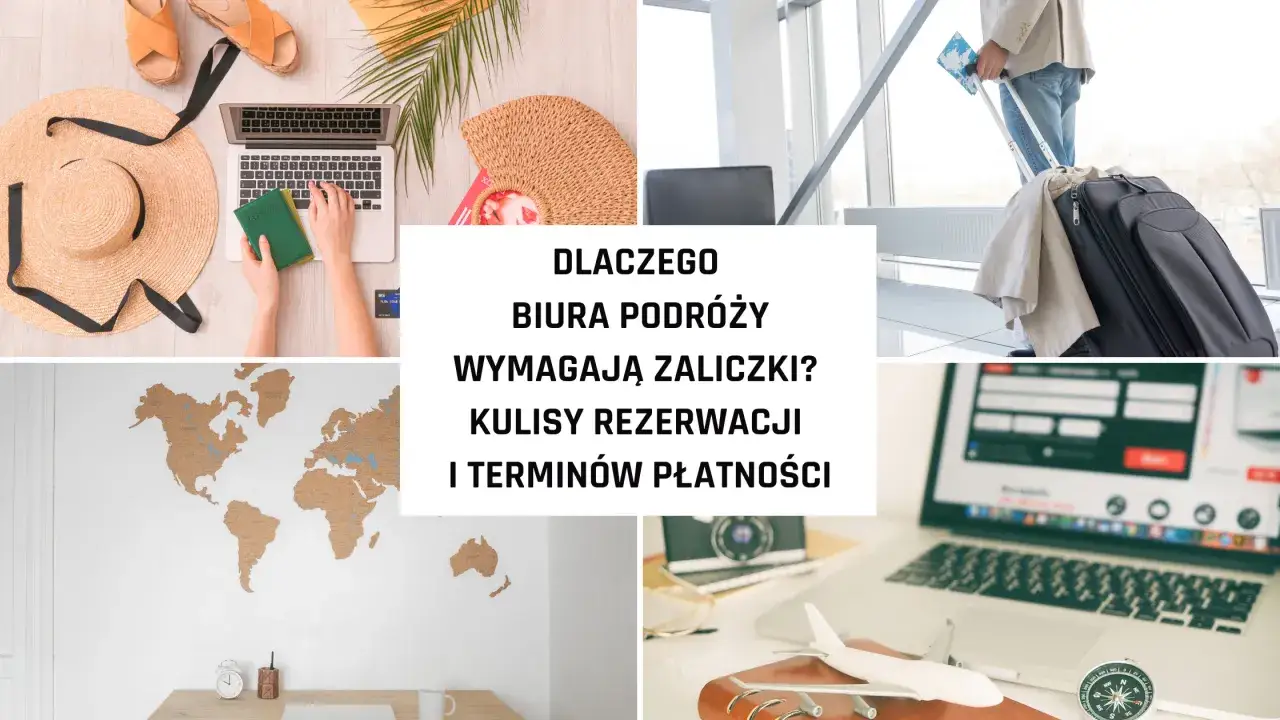 Kolaż zdjęć związanych z podróżami: laptop, paszport, walizka, mapa świata, samolot.