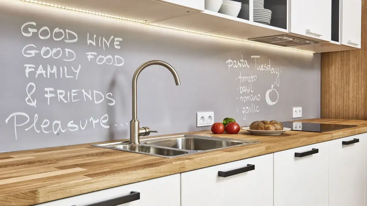 Nowoczesny blat kuchenny na ścianie zamiast płytek, z napisem "Good wine, good food, family & friends, pleasure".