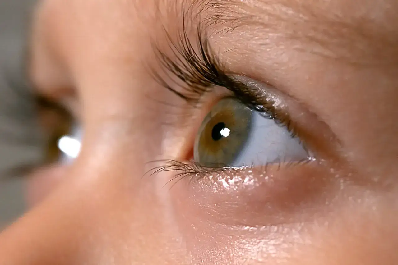 Zbliżenie na ludzkie oko z zieloną tęczówką i długimi rzęsami.