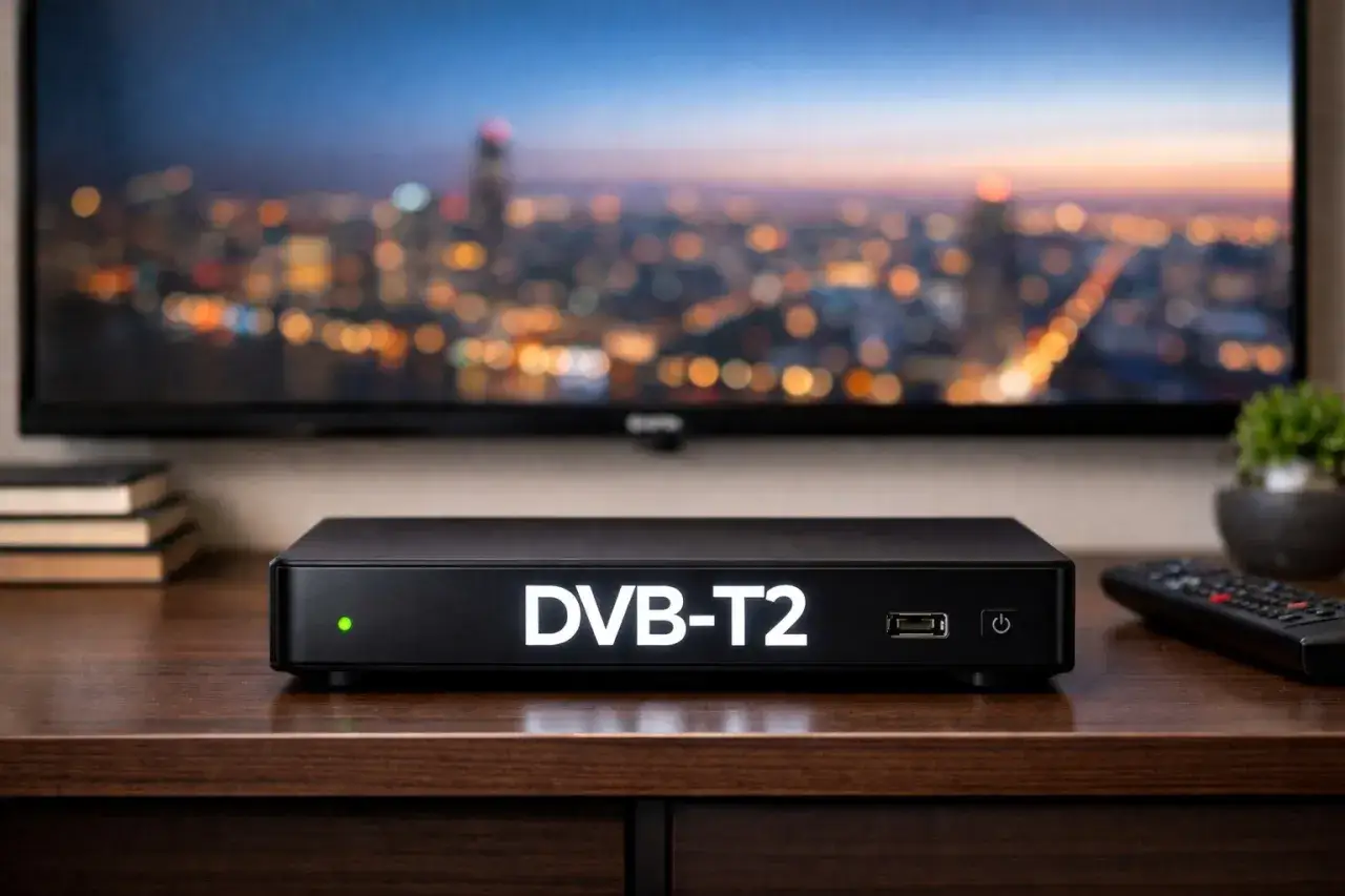Czarny dekoder DVB-T2 na drewnianym stoliku, z pilotem i telewizorem w tle.