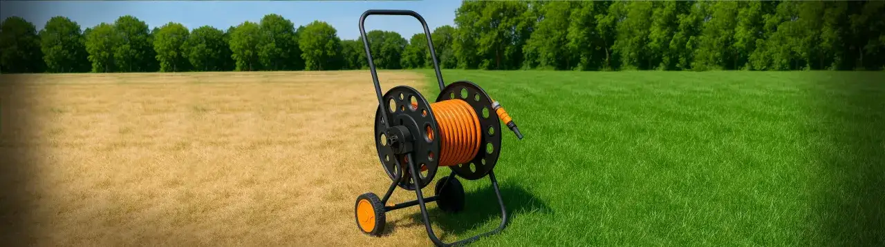 Wózek z wężem ogrodowym stoi na granicy suchego i zielonego trawnika. Pytanie brzmi: na jakiej wysokości kosić trawnik, by był tak soczyście zielony?