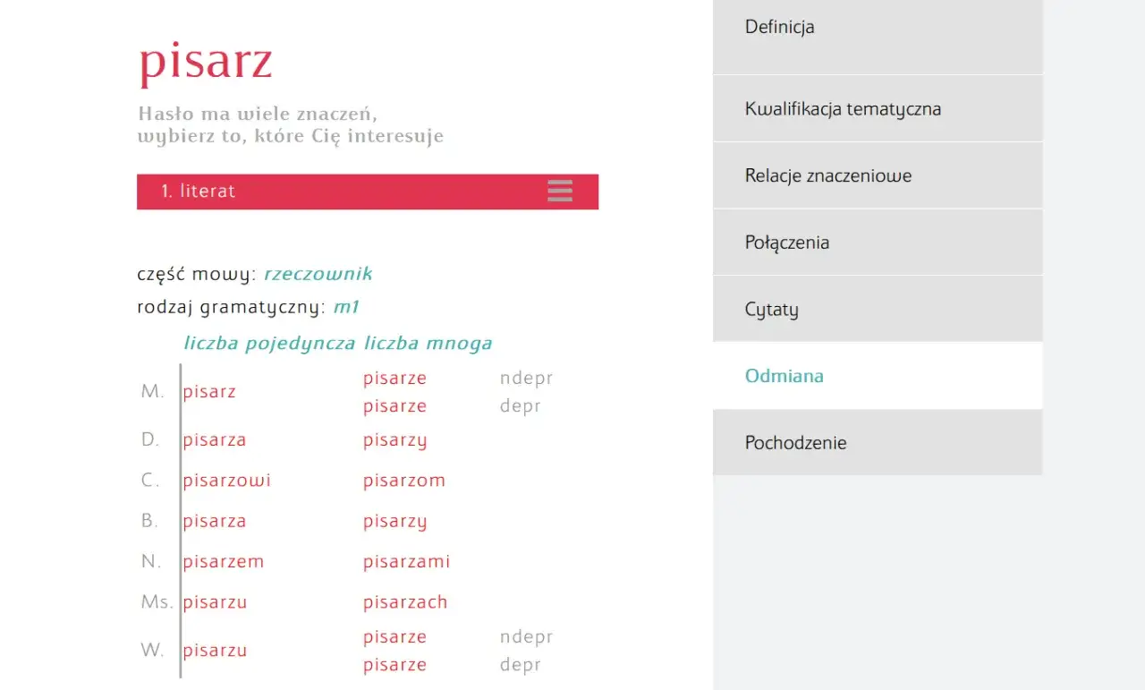 Fragment strony internetowej z hasłem "pisarz", jego odmianą i menu bocznym.