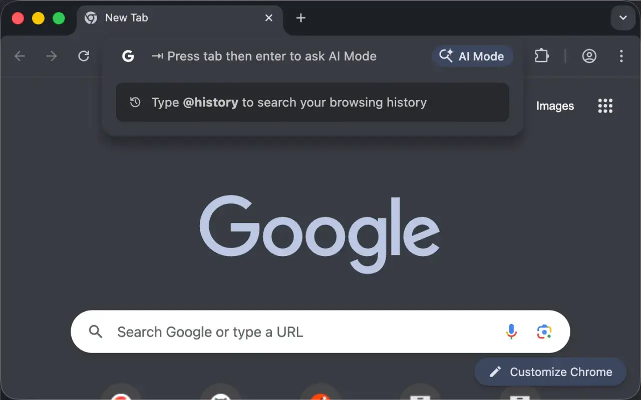Przycisk "AI Mode" w pasku adresu Google Chrome. Aby wyłączyć tryb AI, naciśnij Tab, a następnie Enter.