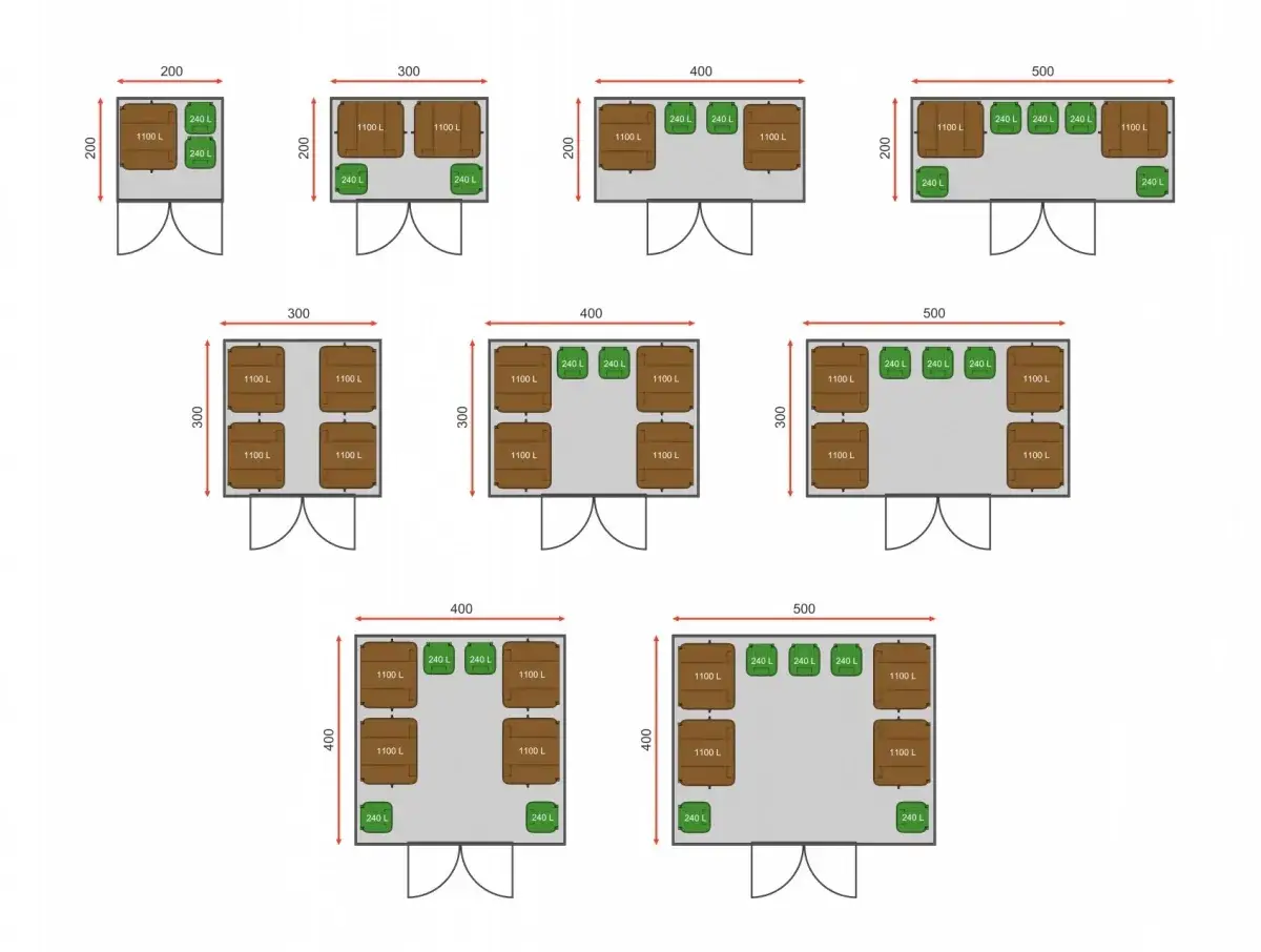 Różne warianty wiat śmietnikowych z podanymi wymiarami i pojemnościami pojemników (240 L, 1100 L).