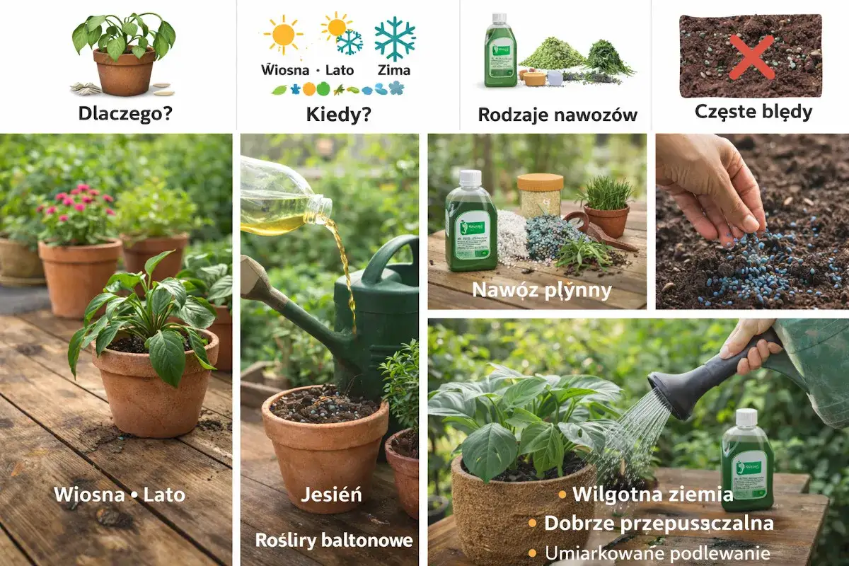 Płynny nawóz do roślin doniczkowych w butelce, stosowany wiosną i latem.