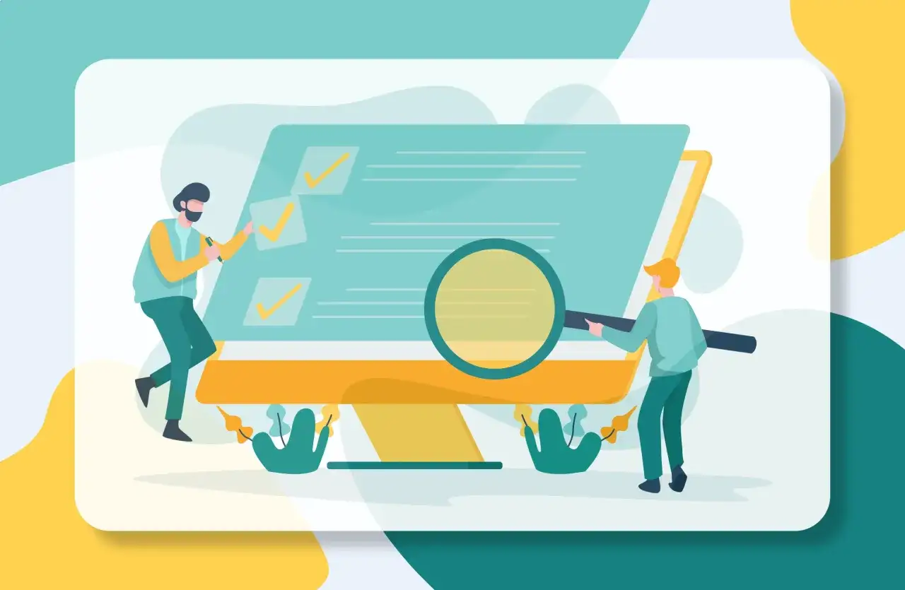 Ilustracja dwóch mężczyzn analizujących dokument na ekranie komputera za pomocą lupy.