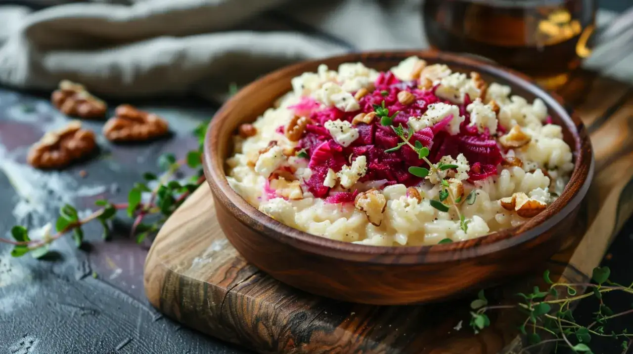 Risotto z burakiem, serem kozim i orzechami włoskimi