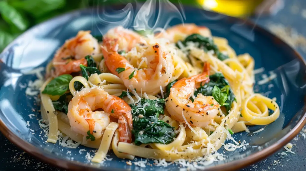 Makaron z krewetkami i szpinakiem: Morze smaków w domu