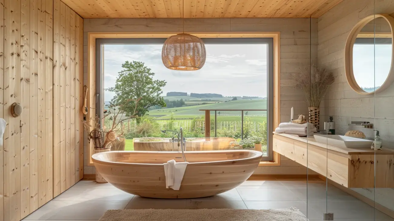 Naturalna aranżacja domu z drewnem na suficie i ścianach