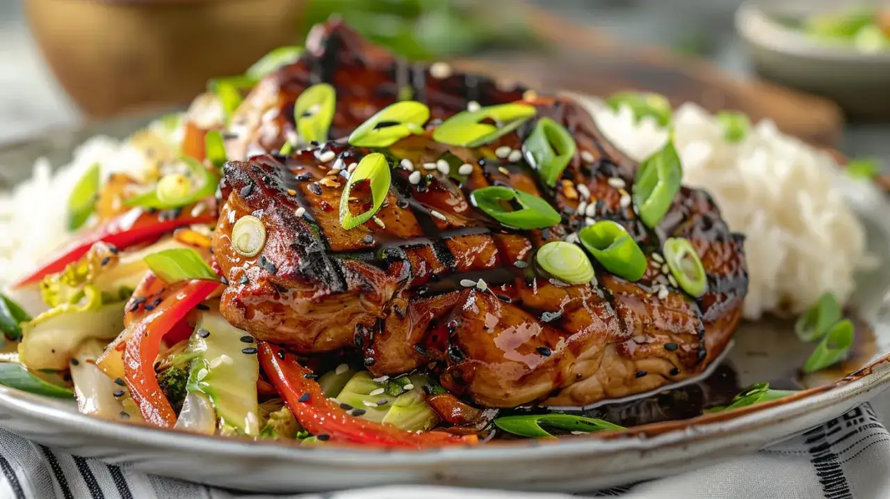 Karkówka po azjatycku z ryżem, warzywami i sosem sojowym