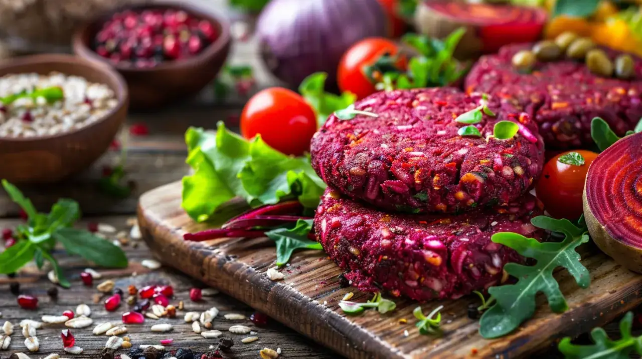Wegetariański obiad: kotlety z buraka, kasza i surówka