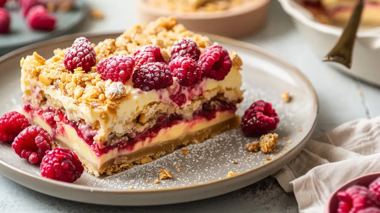 Placek i tarta z malinami, budyniem i kruszonką