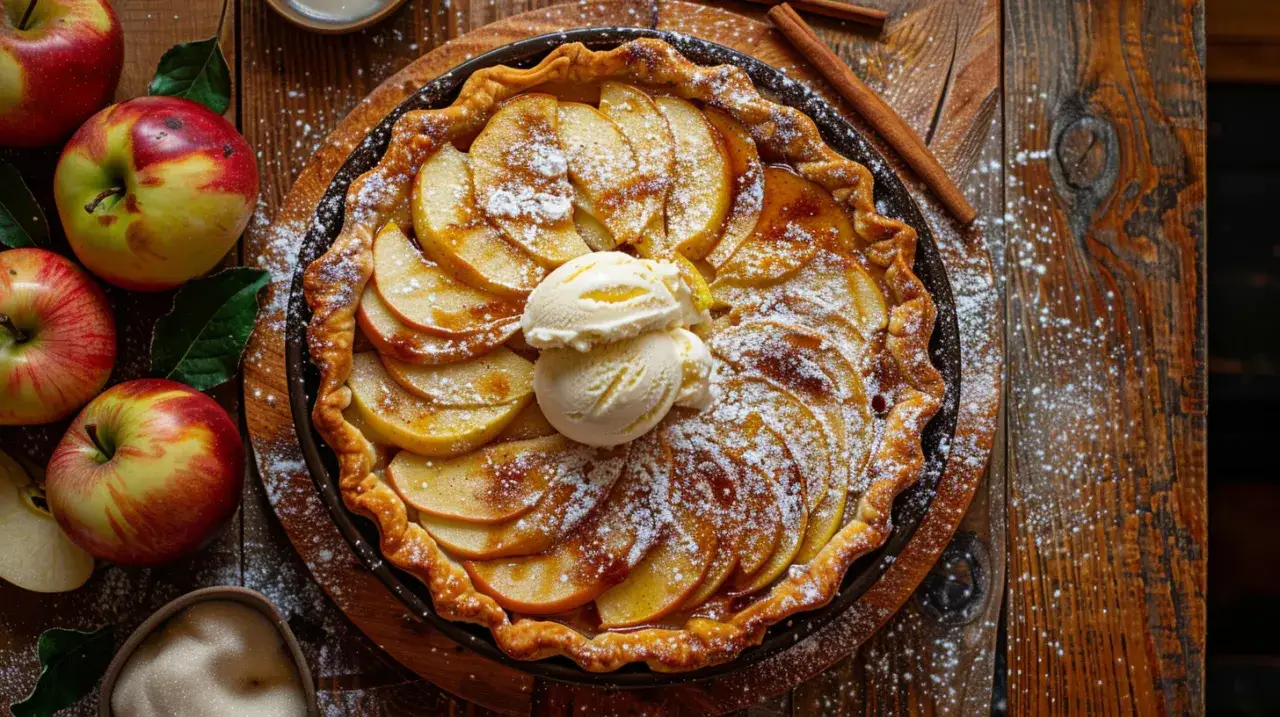Tarta rustykalna z jabłkami, cynamonem i lodami waniliowymi