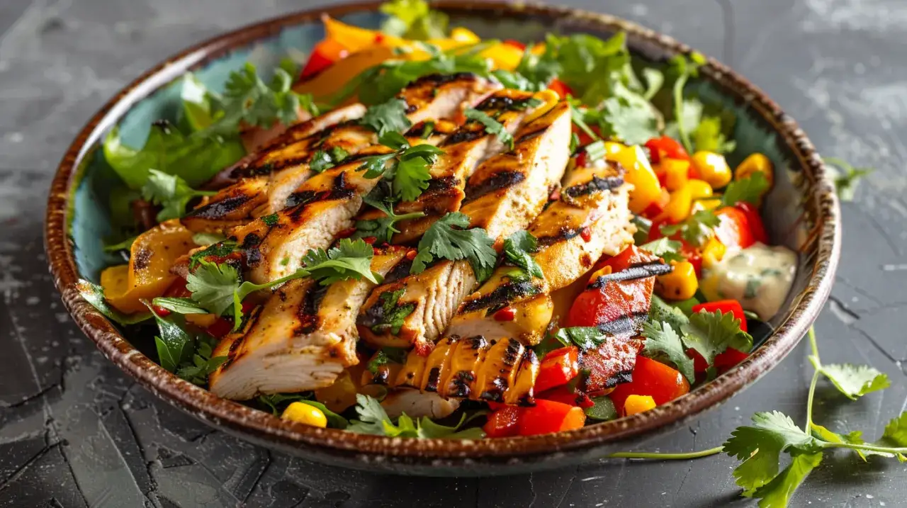 Sałatka z kurczakiem, papryka, kukurydzą i sosem curry