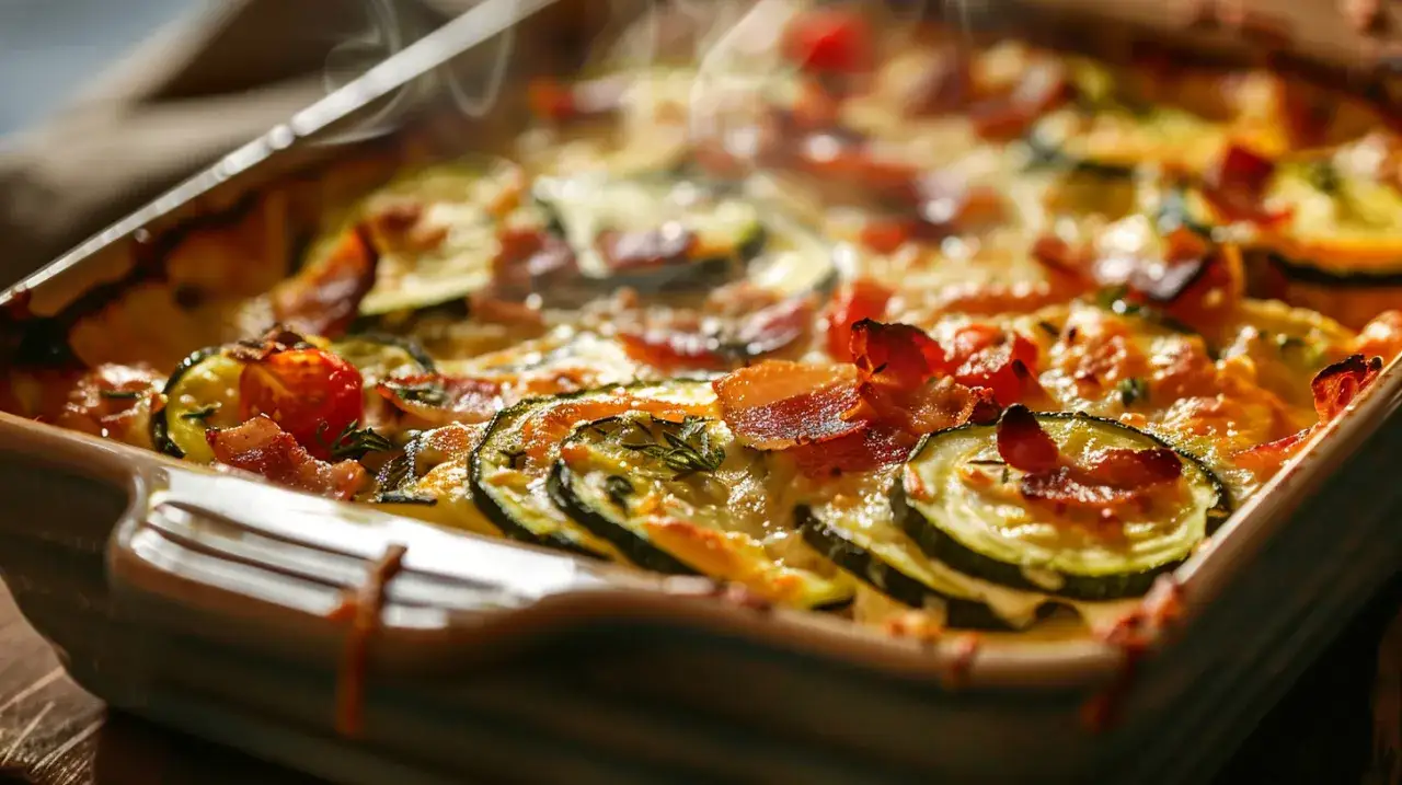 Zapiekanka z cukinią, boczkiem, pomidorami i serem