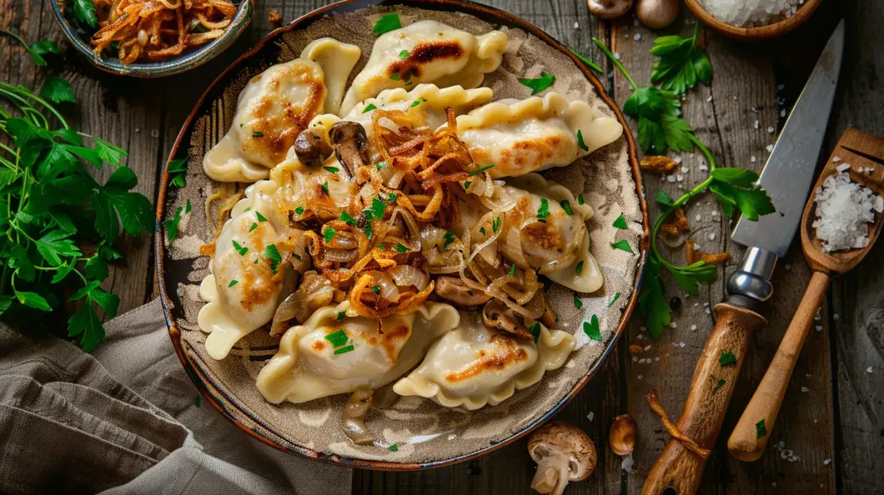 Pierogi z kapustą kiszoną, grzybami i mięsem mielonym