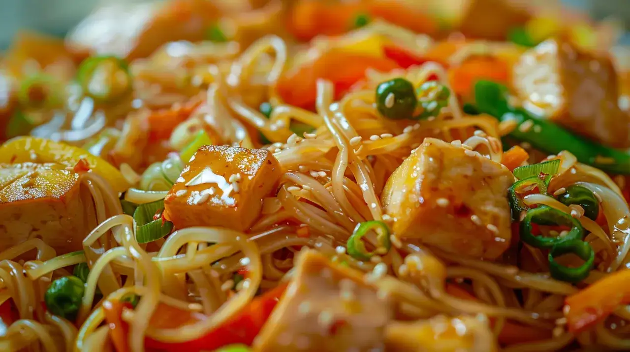 Makaron ryżowy z warzywami, tofu, sosem sojowym i olejem sezamowym