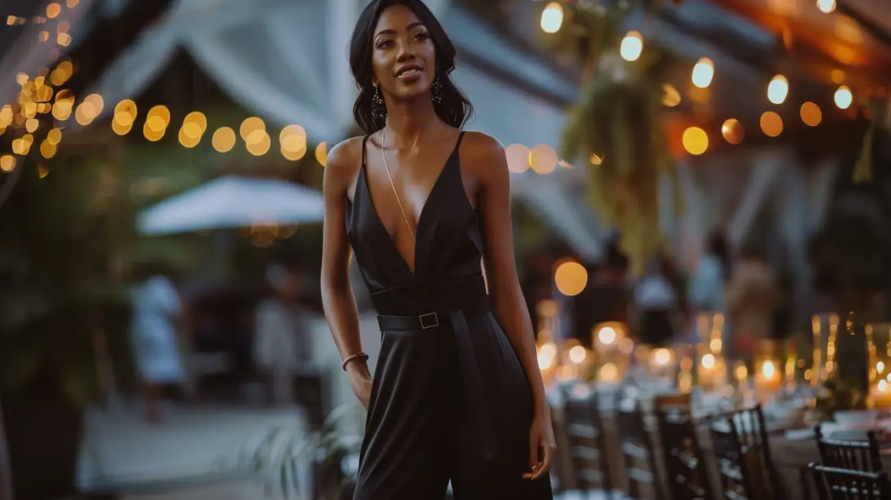 Pomysły na to jak stylizować czarny kombinezon na wesele? 