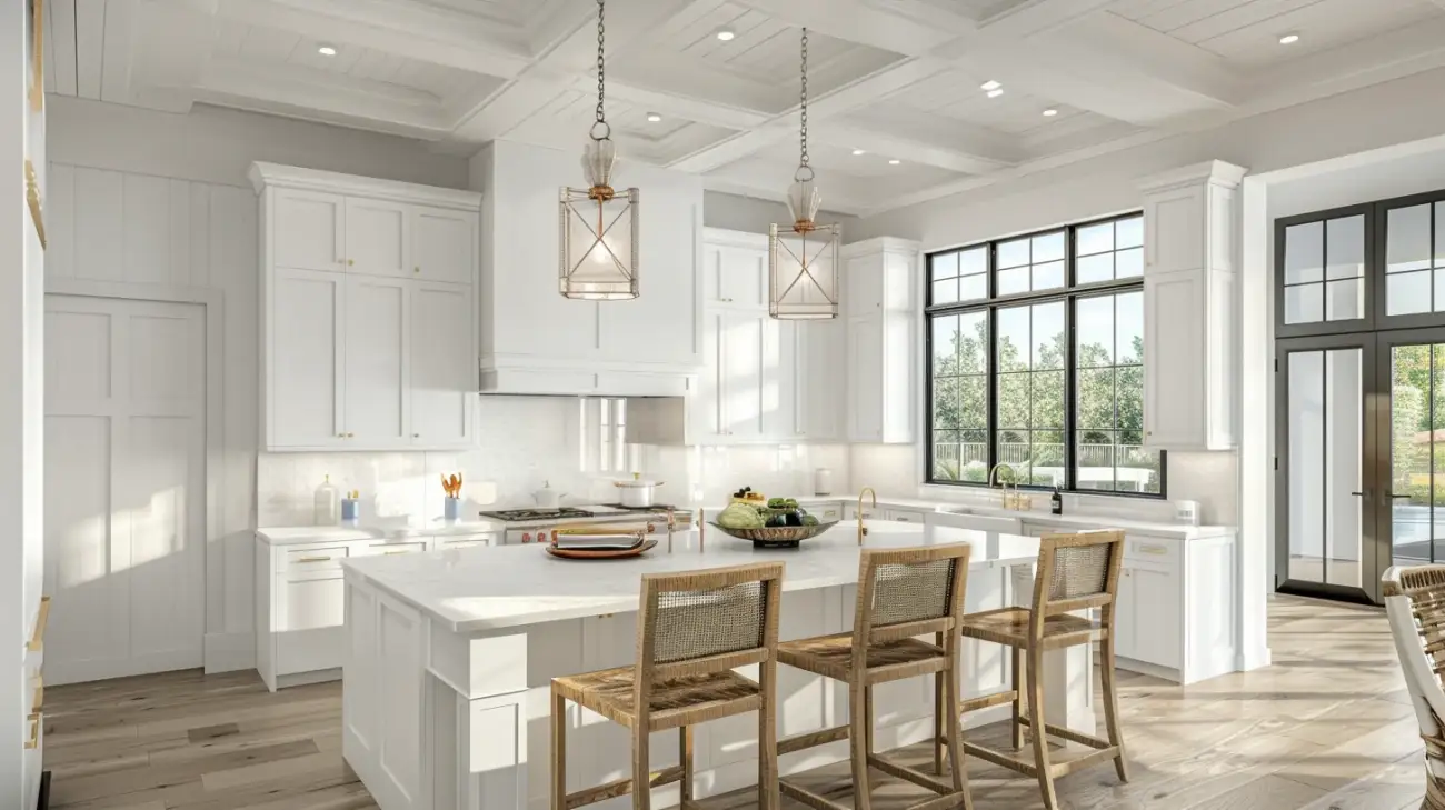 Biała kuchnia z wyspą i eleganckimi krzesłami w modnym wydaniu