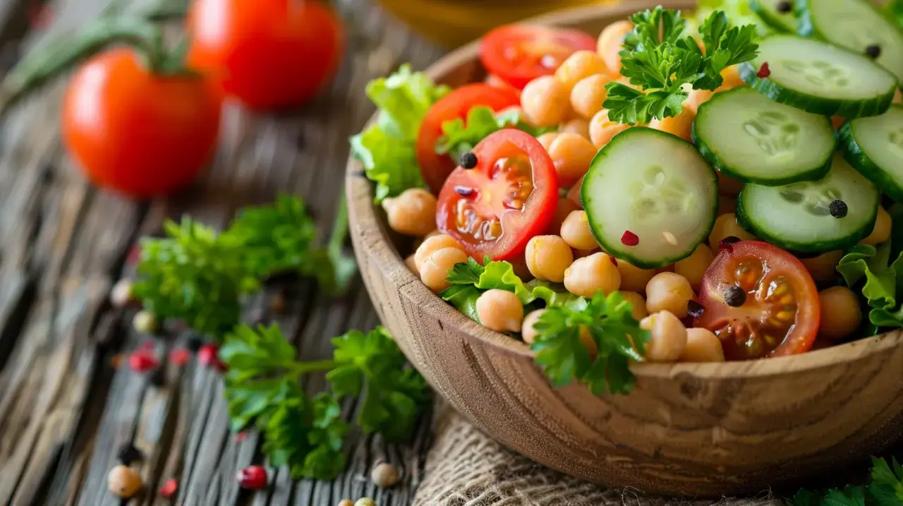 Sałatka z ciecierzycą, ogórkiem, pomidorem i natką pietruszki