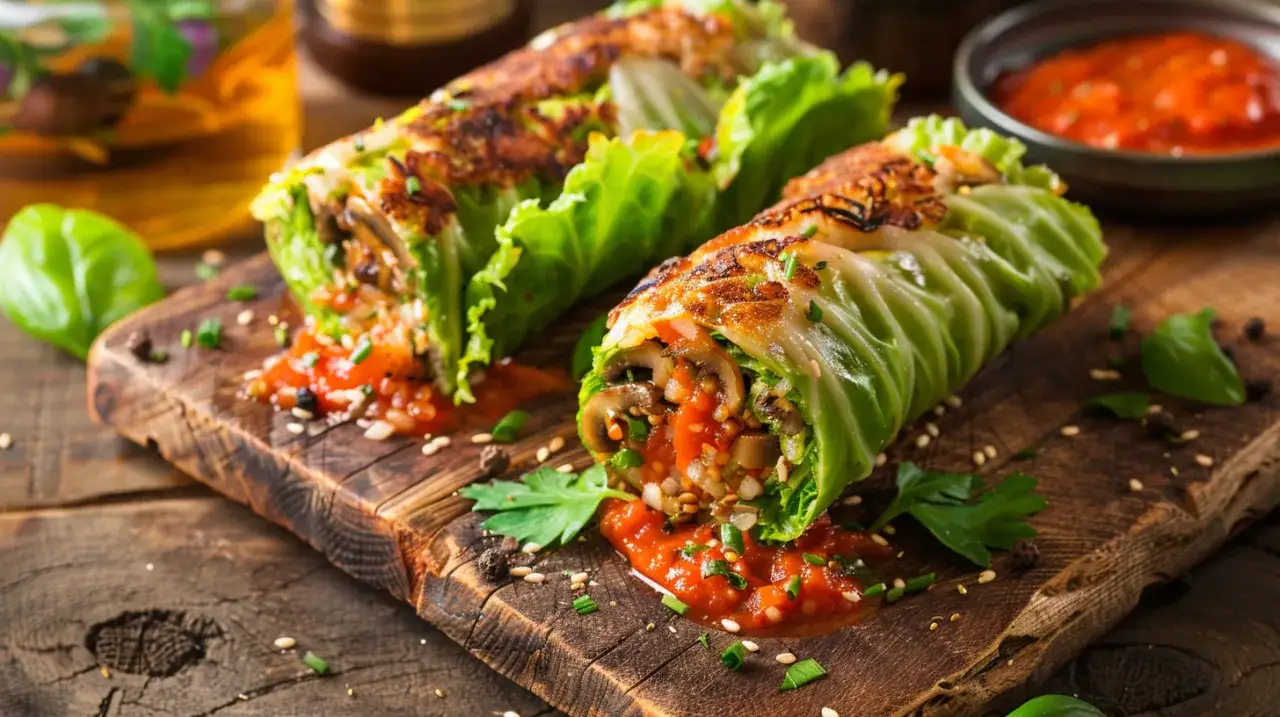 Gołąbki bez mięsa z kaszą gryczaną, pieczarkami i sosem pomidorowym