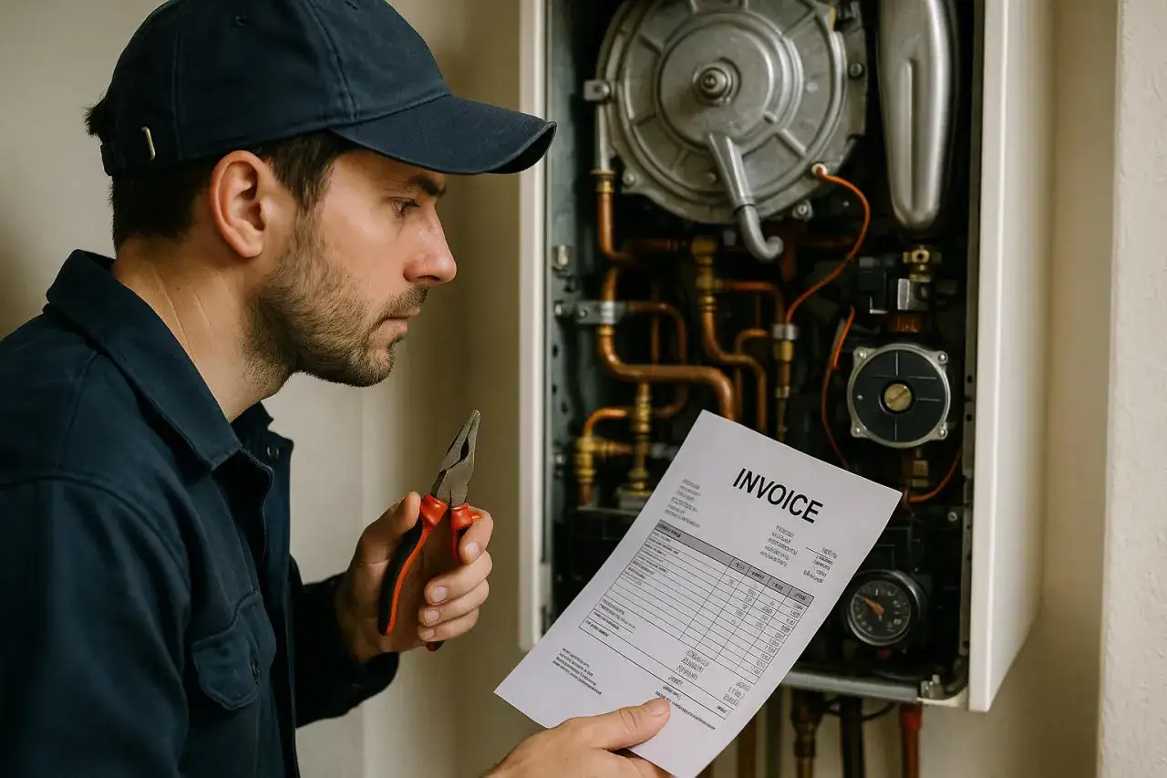 Technik z kombinerkami w dłoni analizuje fakturę. Zastanawia się, ile kosztuje serwis pieca gazowego po przeglądzie instalacji.