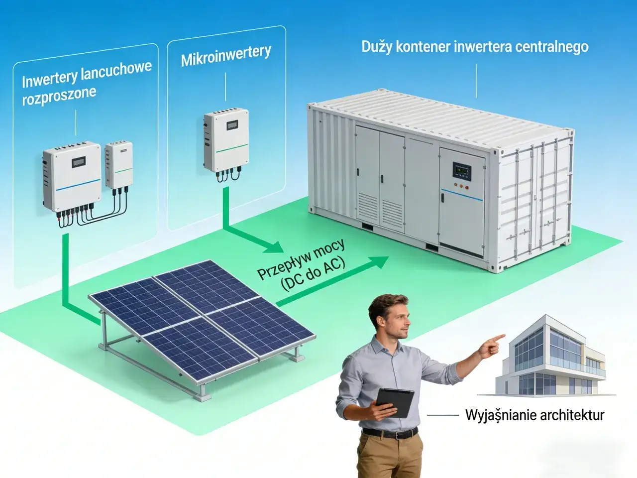 Różnice między falownikiem a inwerterem są kluczowe dla systemów PV. Obraz pokazuje różne typy inwerterów: łańcuchowe, mikroinwertery i centralny kontener.