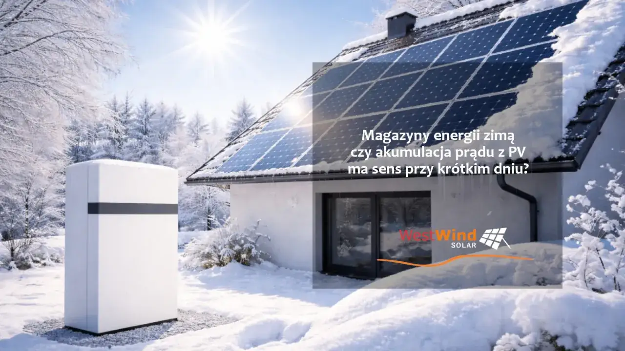 Zimowy krajobraz z panelem fotowoltaicznym na dachu i magazynem energii. Czy podgrzewanie paneli fotowoltaicznych zimą ma sens?