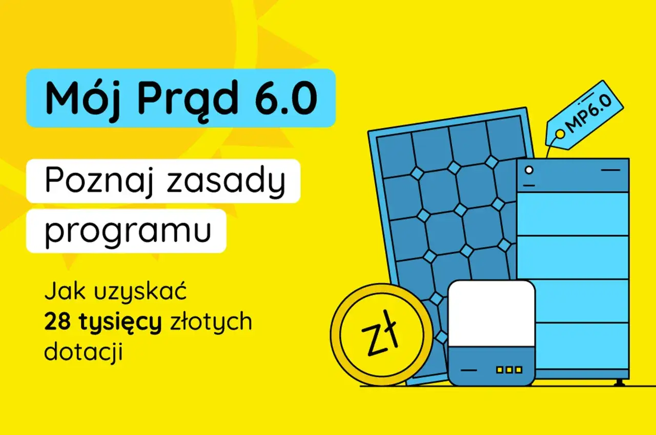 Mój Prąd 6.0: poznaj zasady programu i dowiedz się, jak uzyskać 28 tysięcy złotych dotacji. Grafika przedstawia panele słoneczne, falownik i monetę z symbolem złotówki.