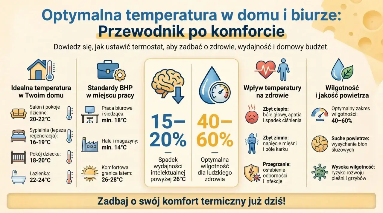 Przewodnik po komforcie: optymalna temperatura w domu i biurze, wpływ na zdrowie, wydajność i budżet. Zalecenia dla salonu, sypialni, łazienki i pracy.