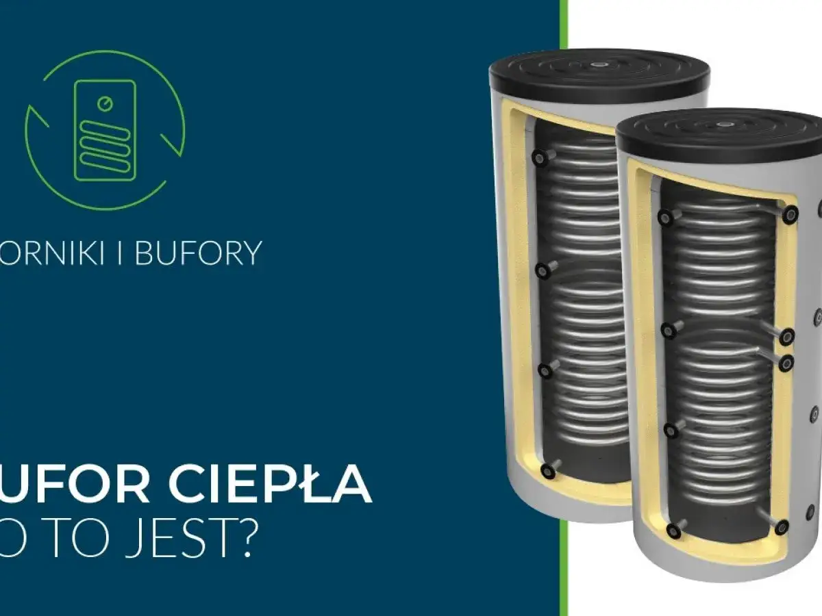 Dwa cylindryczne bufory ciepła z widocznym wężownicami. To klucz do efektywnego magazynowania energii.