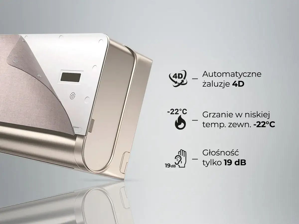Nowoczesna klimatyzacja do domu: automatyczne żaluzje 4D, grzanie do -22°C, cicha praca 19 dB. Idealna na każdą porę roku.