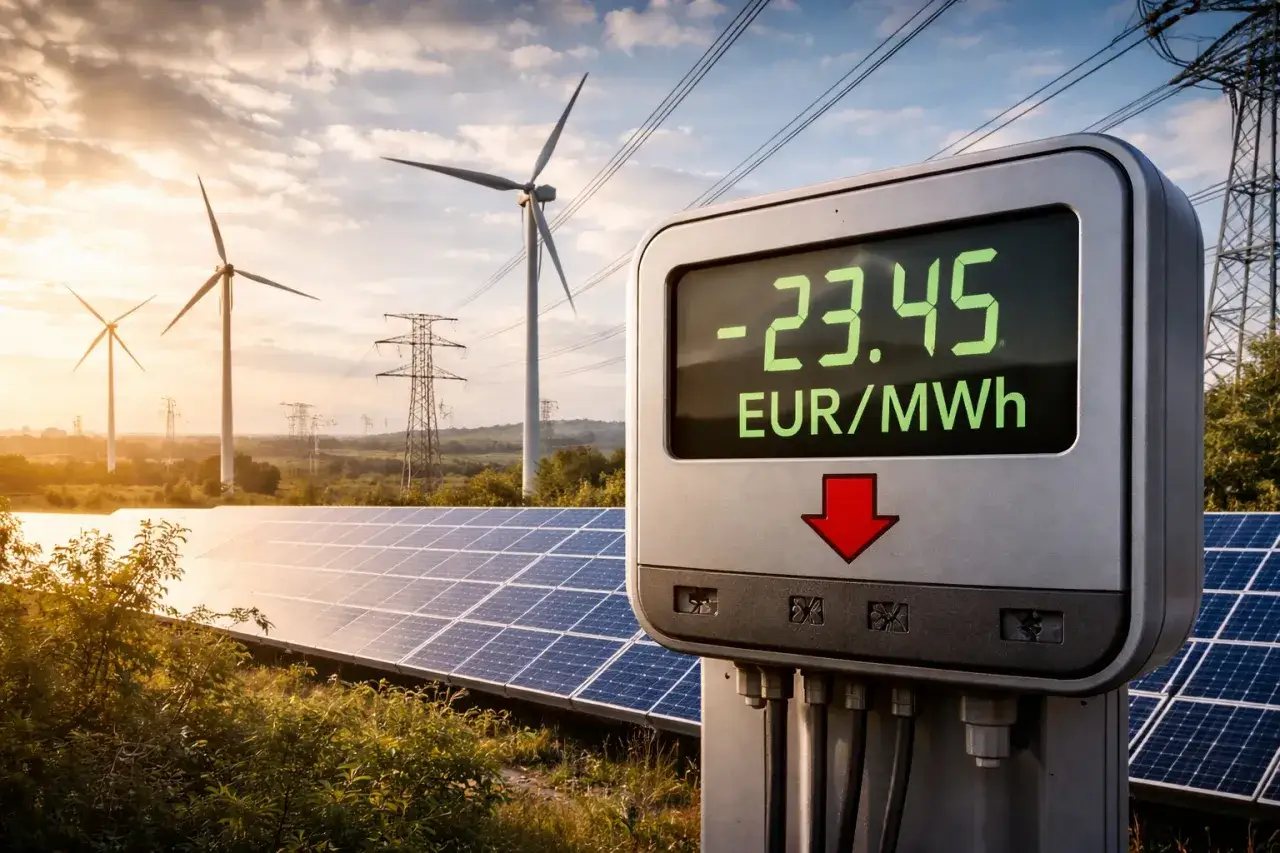 Panel słoneczny i wiatraki na tle zachodzącego słońca. Wyświetlacz pokazuje -23.45 EUR/MWh, symbolizując ujemne ceny energii.