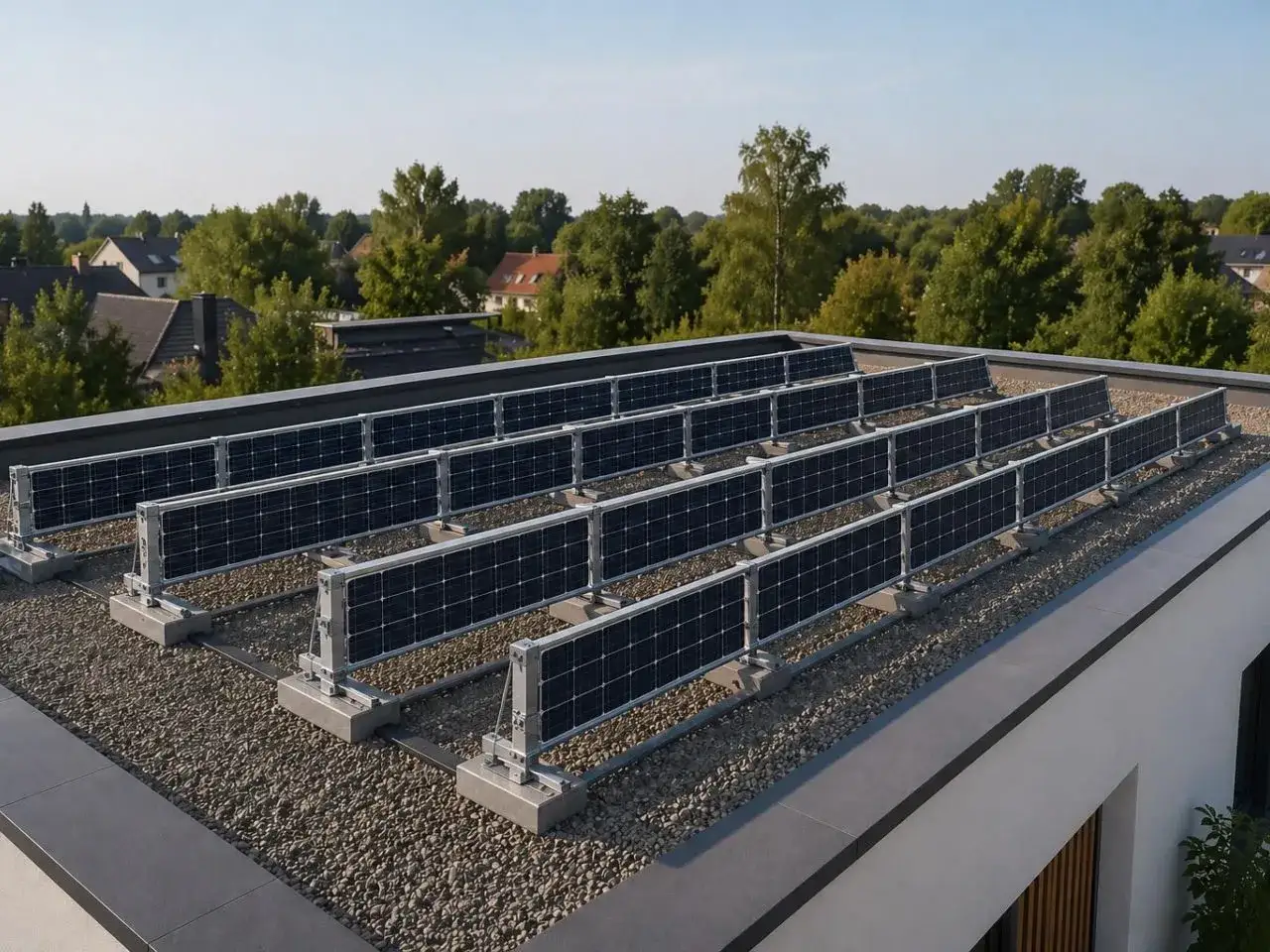 Rzędy paneli fotowoltaicznych bifacial na płaskim dachu, zbierające energię słoneczną z obu stron.