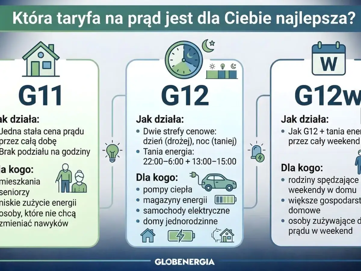 Porównanie taryf prądu: G11 ze stałą ceną, G12 z dwiema strefami, G12w z tańszym weekendem. Wybierz najlepszą dla siebie.