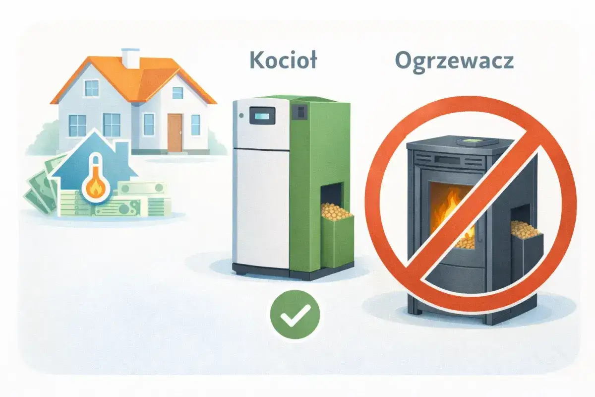 Wykaz materiałów do ulgi termomodernizacyjnej: zielony kocioł na pellet z zielonym znacznikiem wyboru, a obok zakazany piecyk.