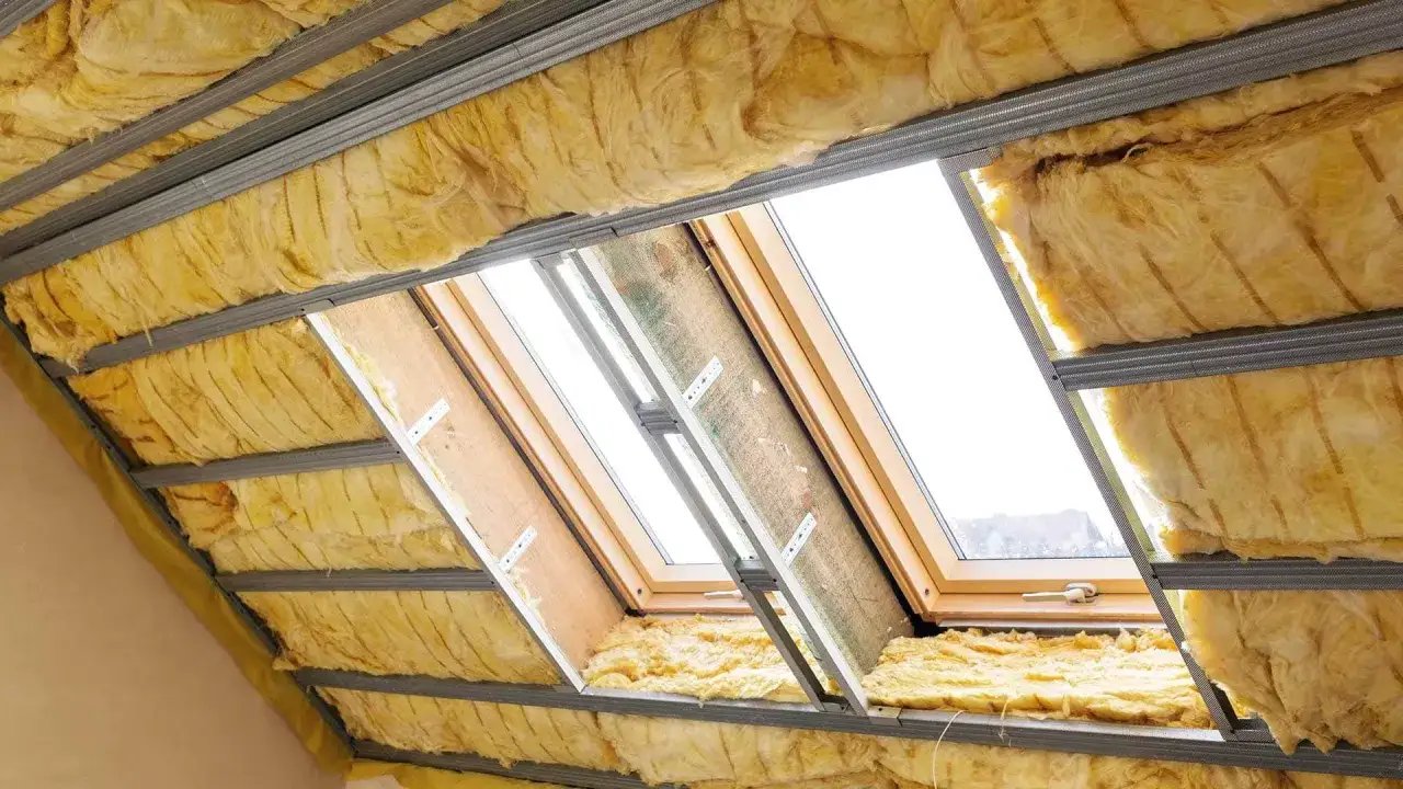 Ocieplenie poddasza nieużytkowego z wełny mineralnej, widoczne profile stalowe i okna dachowe w trakcie montażu.