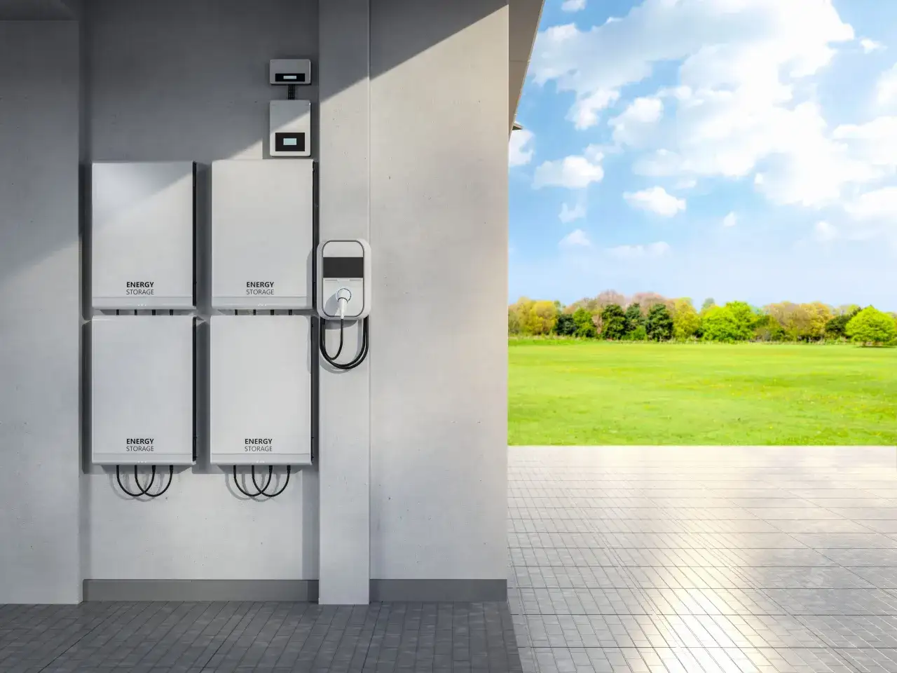 Cztery moduły magazynu energii 1kW zamontowane na ścianie, obok ładowarki. W tle zielona łąka i błękitne niebo.