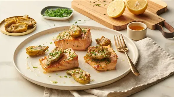 Steki z łososia w sosie cytrynowym z karczochami