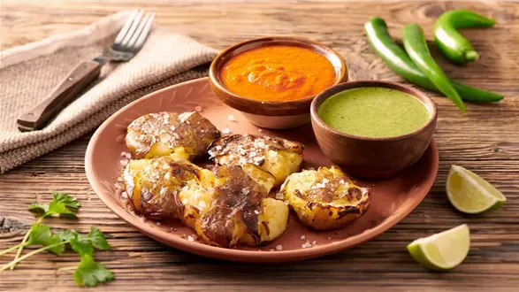 Gniecione ziemniaczki i kanaryjskie sosy