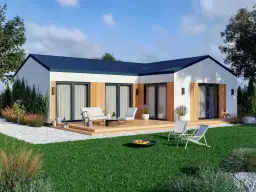 Nowoczesny dom modułowy 70m2 pod klucz cena. Biały budynek z drewnianymi elementami, taras z meblami, ogród z paleniskiem.