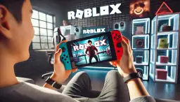Gracz trzyma konsolę Nintendo Switch, na której wyświetla się logo Roblox.