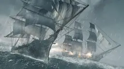 Dwa żaglowce walczą na wzburzonym morzu podczas burzy. Scena jak z gier o piratach, pełna akcji i dramatyzmu.