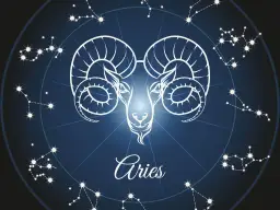 Symbol barana, zodiakalny marzec znak zodiaku, otoczony konstelacjami na tle nocnego nieba.