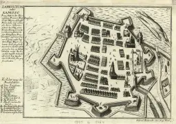 Stara mapa Zamościa z fortyfikacjami, budynkami i ulicami. Widoczne bramy, ratusz i kościoły.