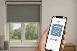 Sterowanie automatyczną roletą wewnętrzną za pomocą smartfona. Widok na okno z zielenią w tle.