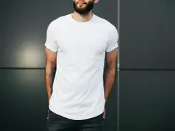 Mann mit Bart trägt weißes T-Shirt und Jeans, Hände in den Taschen.