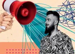 Mężczyzna z brodą i modną fryzurą słucha głośnego komunikatu z megafonu. Jego styl przypomina rebzyyx.